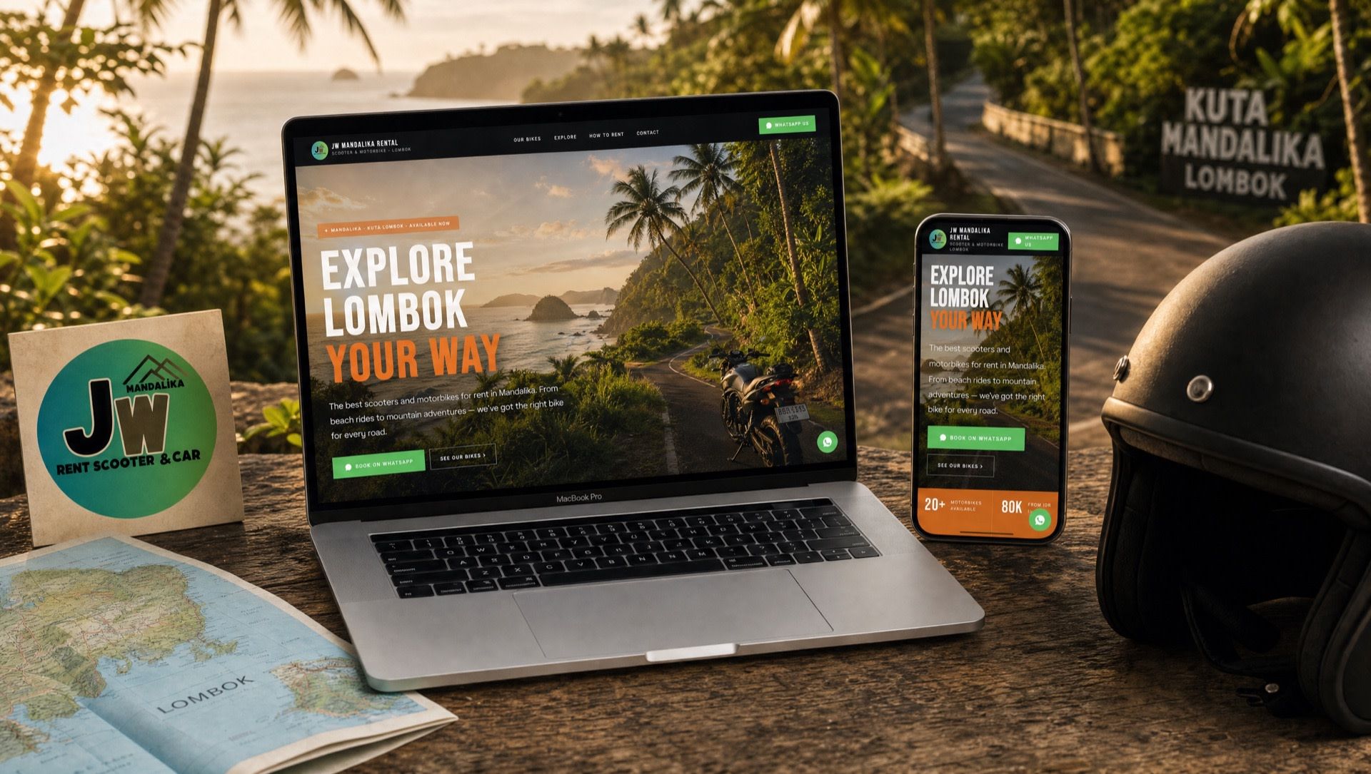 JW Mandalika’s website on a laptop and a phone, beside a map of Lombok and a helmet